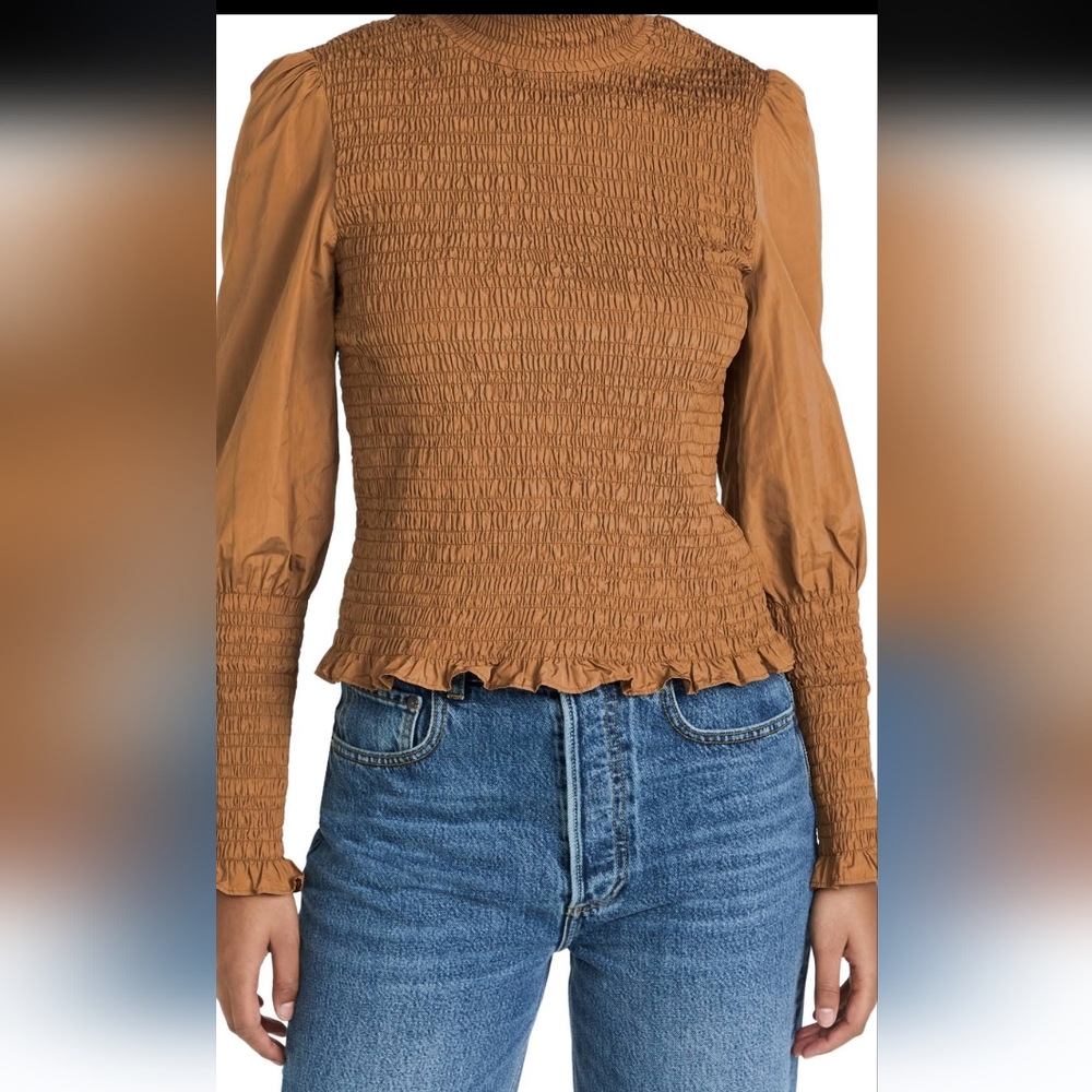 Veronica Beard Elsmere Smocked High-Neck Blouse sz 4